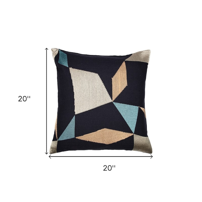 HomeRoots 20" Blue and Beige Geometric Cotton Blend Throw Pillow With Embroidery