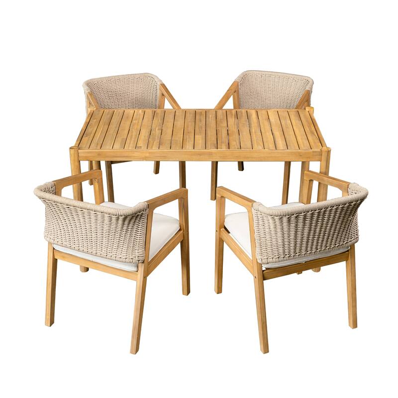 5 Pieces Acacia Wood Patio Dining Set, Wood Dining Furniture Set with Square Patio Table and 4 Chairs with Cushion