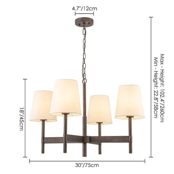 29.5 in. Modern Classic Distressed Antique Brass 4-Light Chandelier with Light Brown Linen Cone Shade for Living & Dining Room