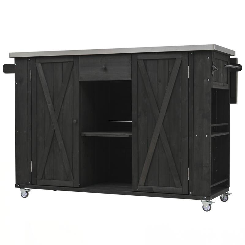 Outdoor Kitchen Island Fir Wood Kitchen Island with Stainless Steel Top, Ample Storage Space, Towel and Spice Racks