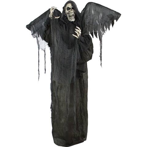 Haunted Hill Farm Life-Size Animatronic Reaper, Indoor/Outdoor Halloween Decoration, Flashing Red Eyes, Poseable, Battery