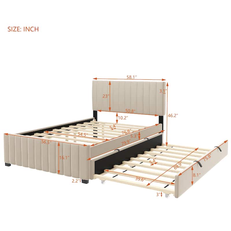 Full Size Platform Bed Stylish Velvet Upholstered Bed Frame with Headboard and Footboard & Pull Out Twin Size Trundle