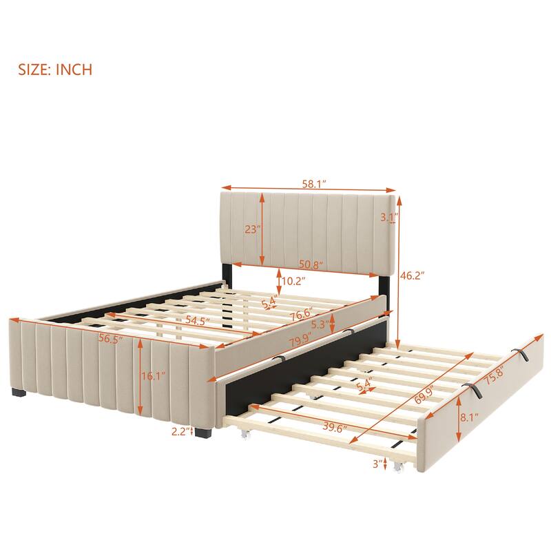 Twin Platform Bed with Trundle, Velvet Upholstered Bed Frame with Headboard, Wooden Twin for Bedroom