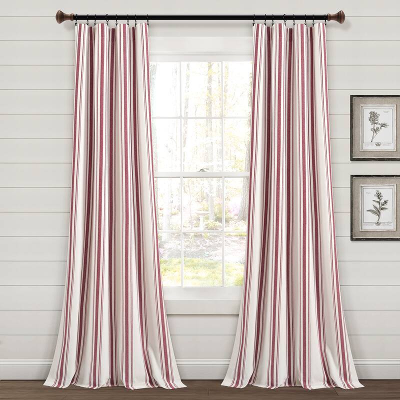 Lush Decor Farmhouse Stripe Yarn Dyed Cotton Window Curtain Panel Pair - 95" x 42" - Red