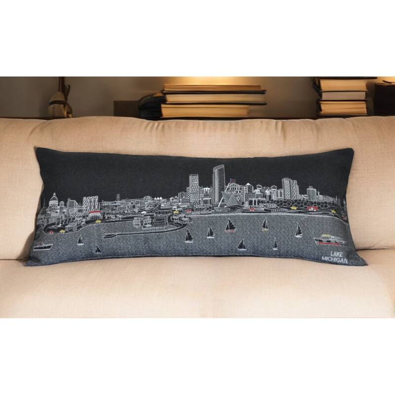 HomeRoots 35" Black Milwaukee Nighttime Skyline Lumbar Decorative Pillow - Bed Rest - Polyester