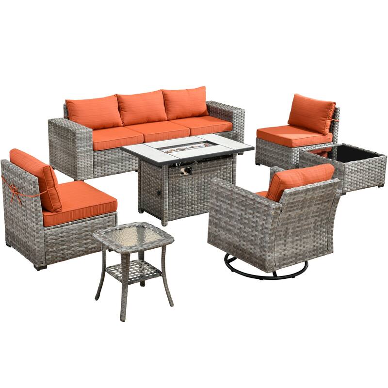 HOOOWOOO 9-piece Wicker Outdoor Modular Wide Armrest Sectional Set Fire Pit Set