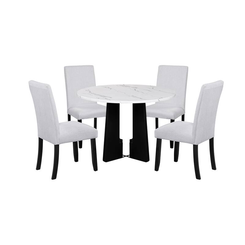 Marble Texture Round Dining Table for 4 with Sturdy H-shape Legs, Coffee Table Kitchen Table with Adjustable Feet