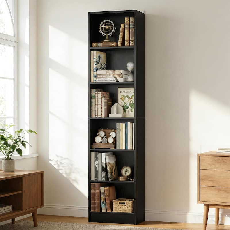 80"H Tall 6-Tier Bookcase With 2 Adjustable Shelves，Modern Open Storage Shelf for Home Office and Bedroom - Black