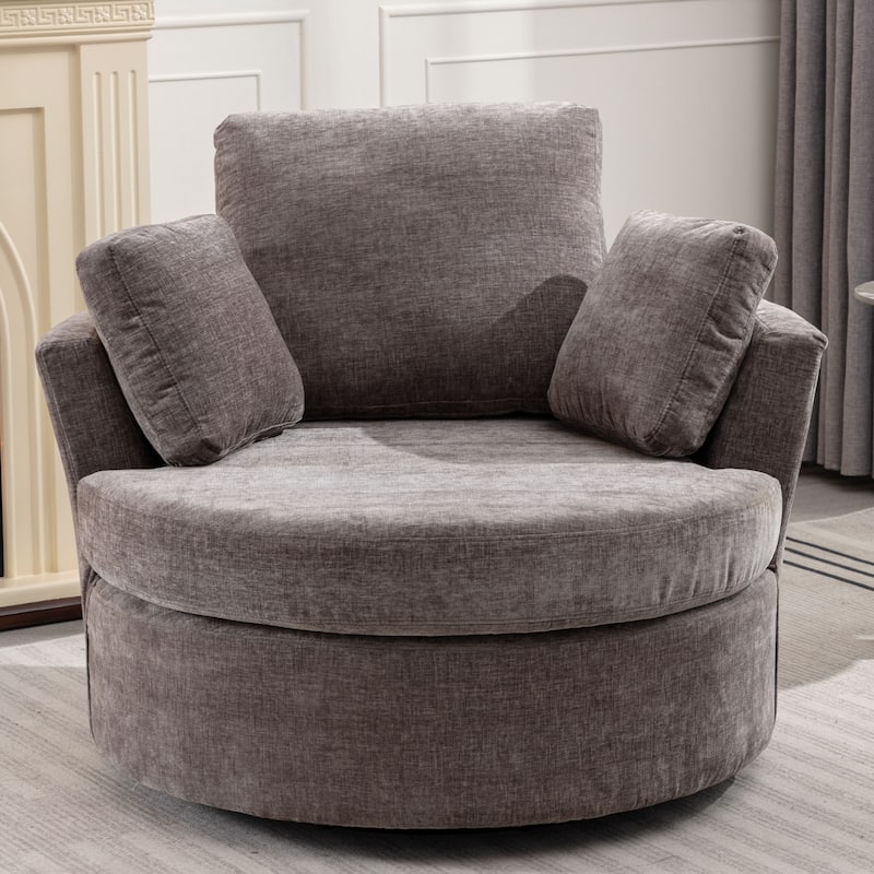 Oversized Chenille Swivel Barrel Chair, Single Round Sofa Chair with 3 Pillows, Upholstered Armchair with Curved Backrest