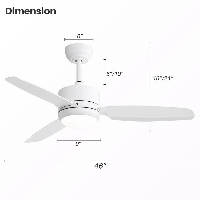 46" Indoor Ceiling Fan with Dimmable Led Light and Remote Control, 6 Speeds DC Motor