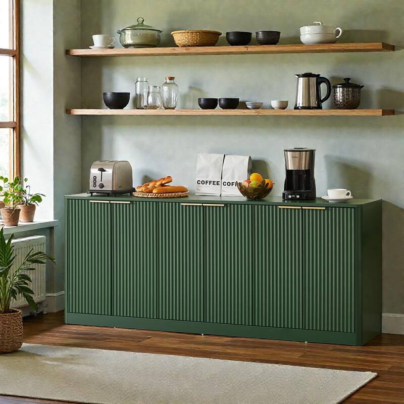 67 Inch Modern Wavy Sideboard Cabinet, 6 Door Curved Storage Console with Wood Grain Top for Living Room