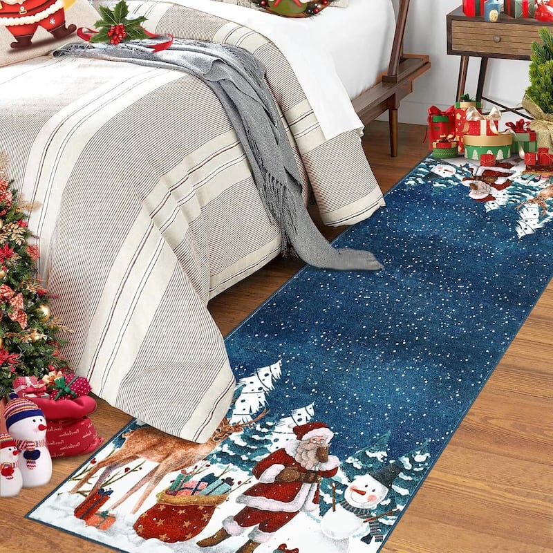 Soft Non-Slip Washable Christmas Santa Claus Area Rugs, Xmas Holiday, Blue - 2*8ft