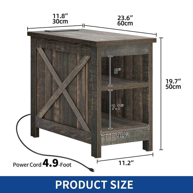 Moasis Farmhouse End Side Table with Charging Station & Storage Shelves 2 Power outlets & 2 USB Ports