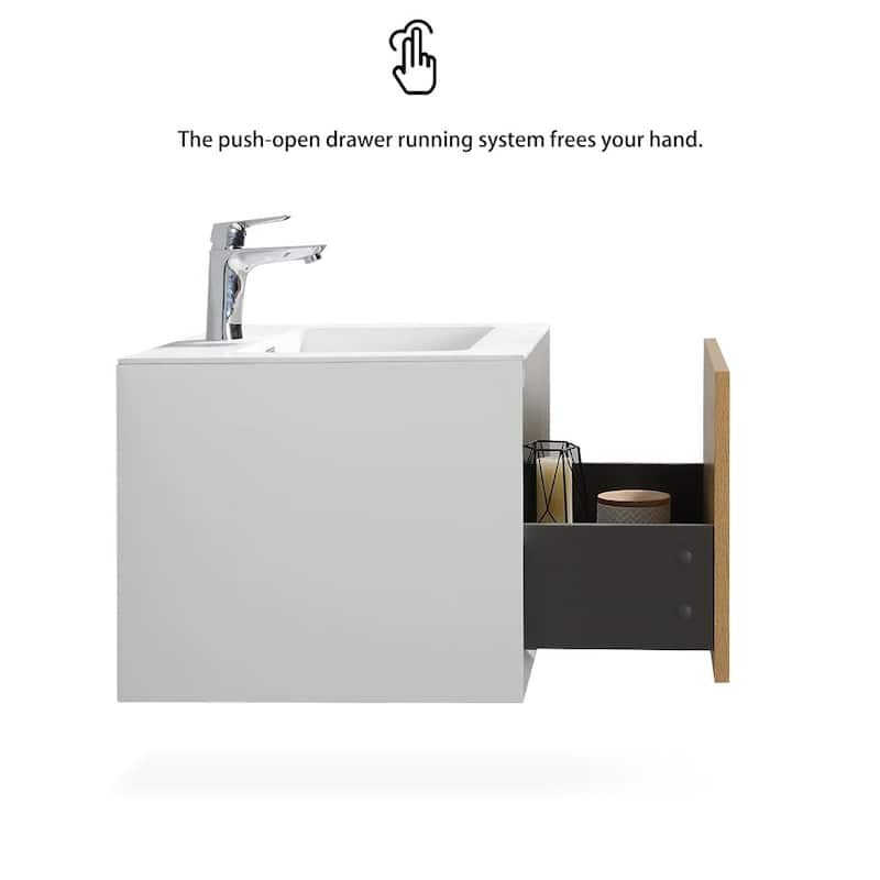 Wall-Mounted 1-drawer Bathroom Vanity Set in White and Oak with Integrated Solid Surface Sink