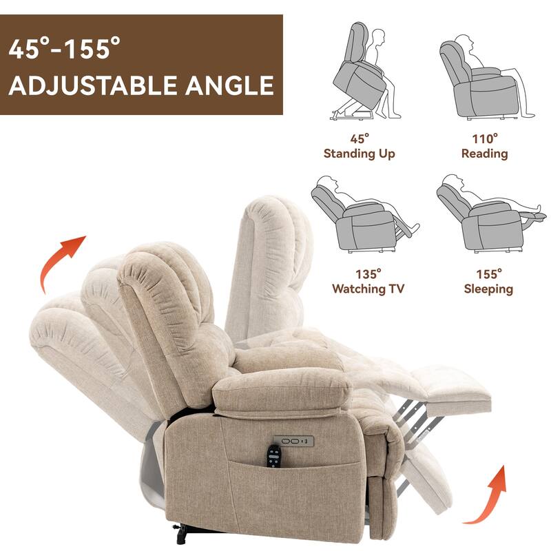 Roomfitters Oversized Power Lift Recliner Chair, Electric Massage Sofa with Heat & USB, Large Chenille Stand Up Armchair