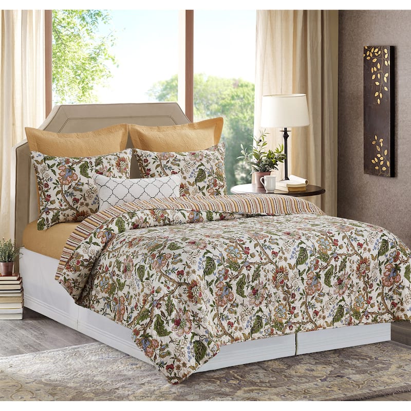 Amara Cotton Floral Quilt Set - Reversible and Machine Washable - Queen