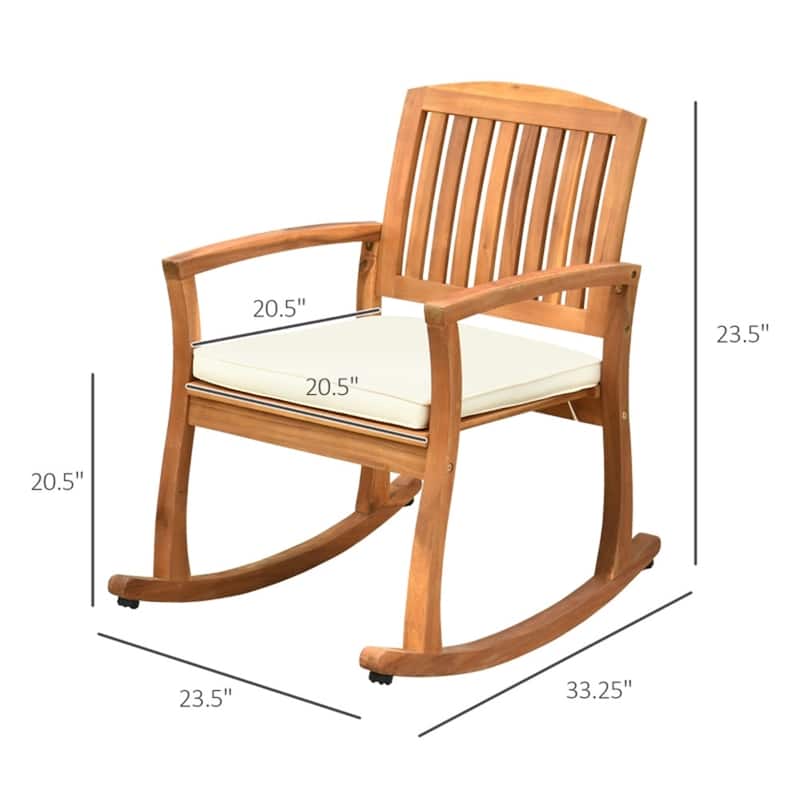 Teak Acacia Wood Rocking Chair with Cream Cushion for Porch and Patio - 23.5"W x 33.25"D x 23.5"H