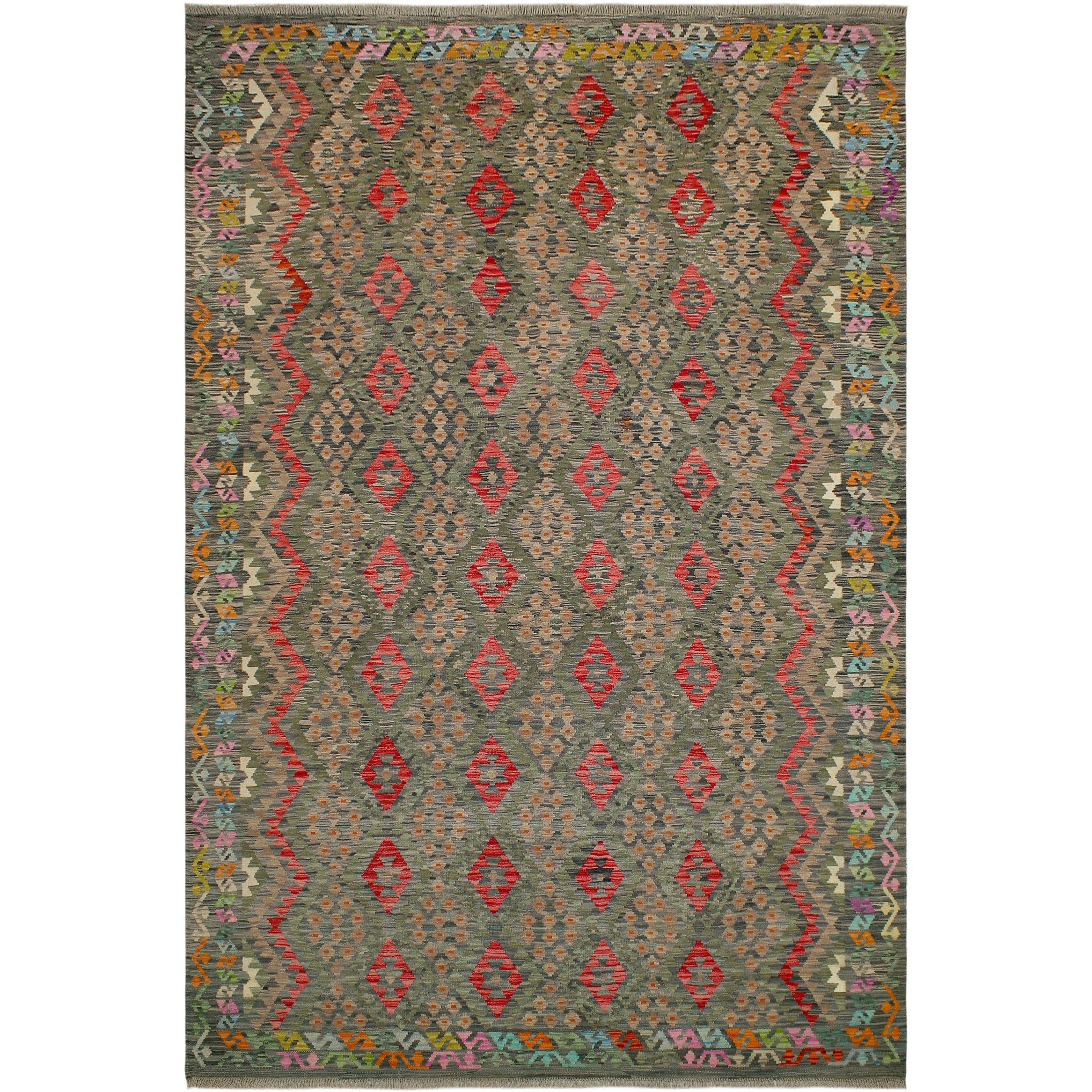 Retro Turkish Porter Green Red Kilim Wool Rug - 8 ft. 4 in. X 11 ft. 6 in.