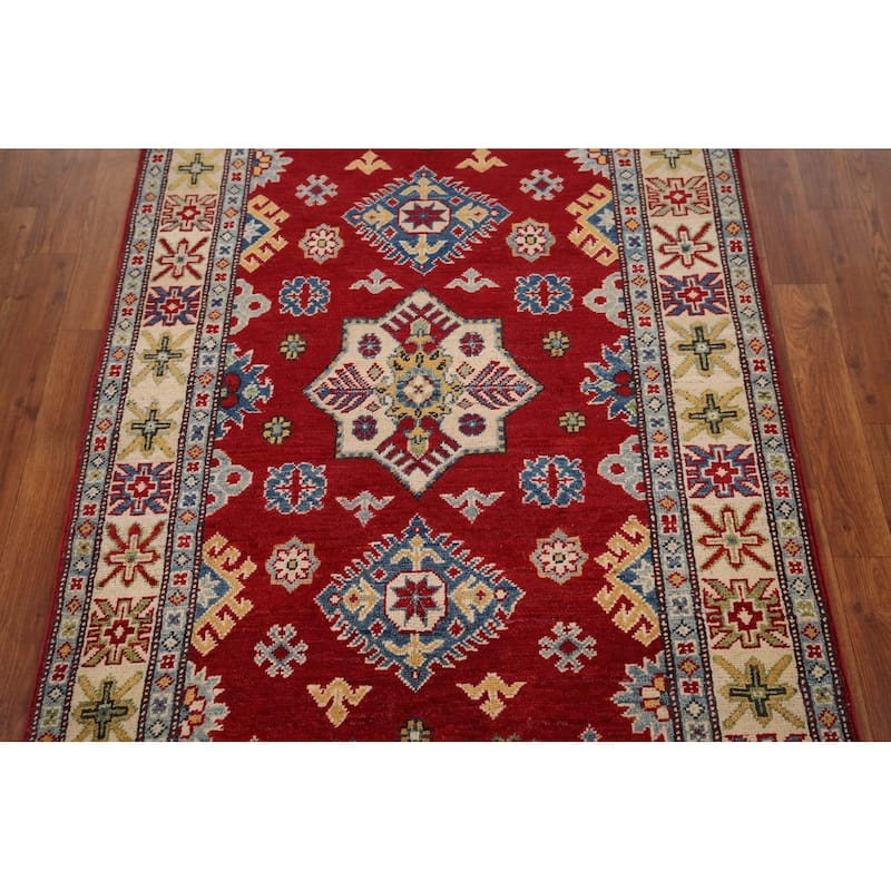 Red Geometric Kazak Accent Rug Handmade Traditional Wool Carpet - 3'5" x 5'0"