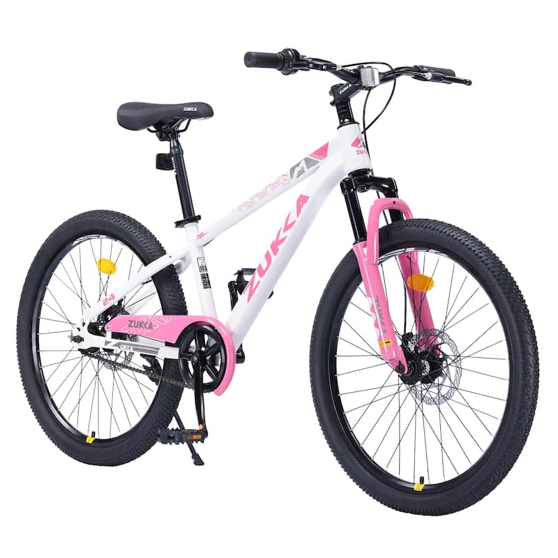 Mountain Cycling Bike 24 Inch Road Commuting Kids Bicycle with Dual Disc Brakes and Shock-Absorbing Fork for Boys and Girls - White