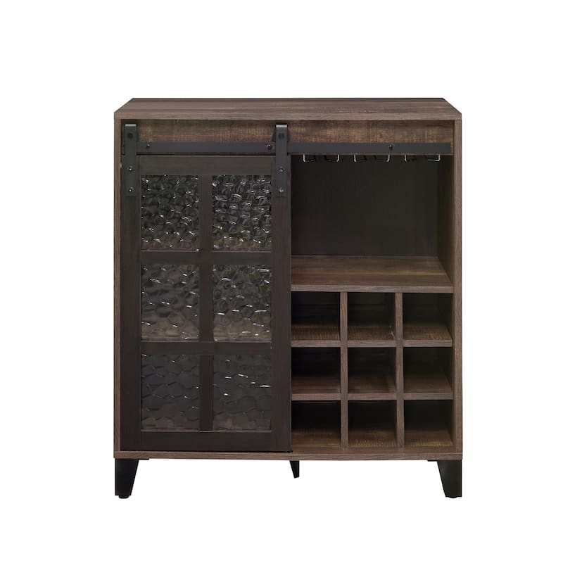 Wooden Wine Cabinet with 1 Glass Sliding Barn Door in Rustic Oak and Black