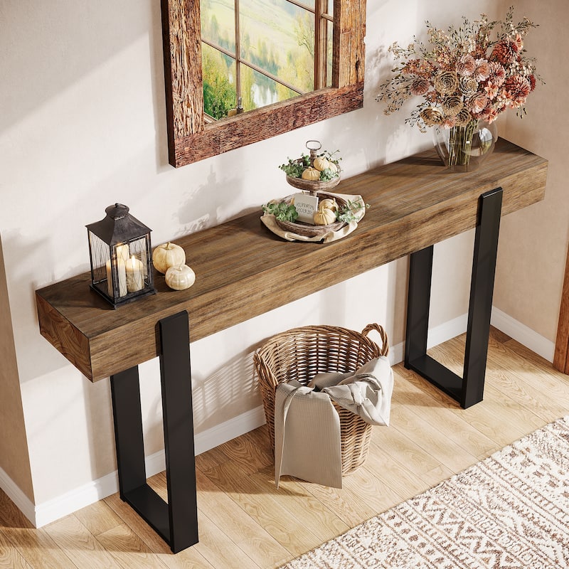 63 Inch Long Entryway Console Table, Solid Wood Top and Metal Legs