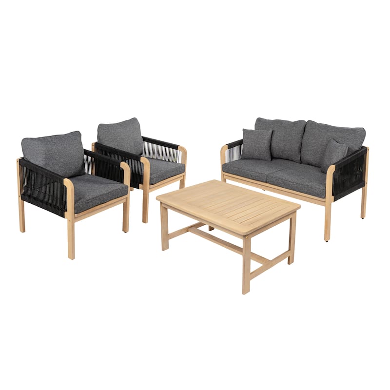 Aveiro 4-Piece Modern Bohemian Acacia Wood Outdoor Patio Set with Cushions and Plain Decorative Pillows, by JONATHAN Y - Black