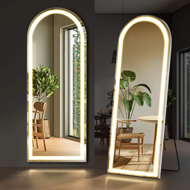 Arched Full Length Mirror with LED Lights, 26"x71" Lighted Floor Mirror with Dimming & 3 Color Lighting, Stand