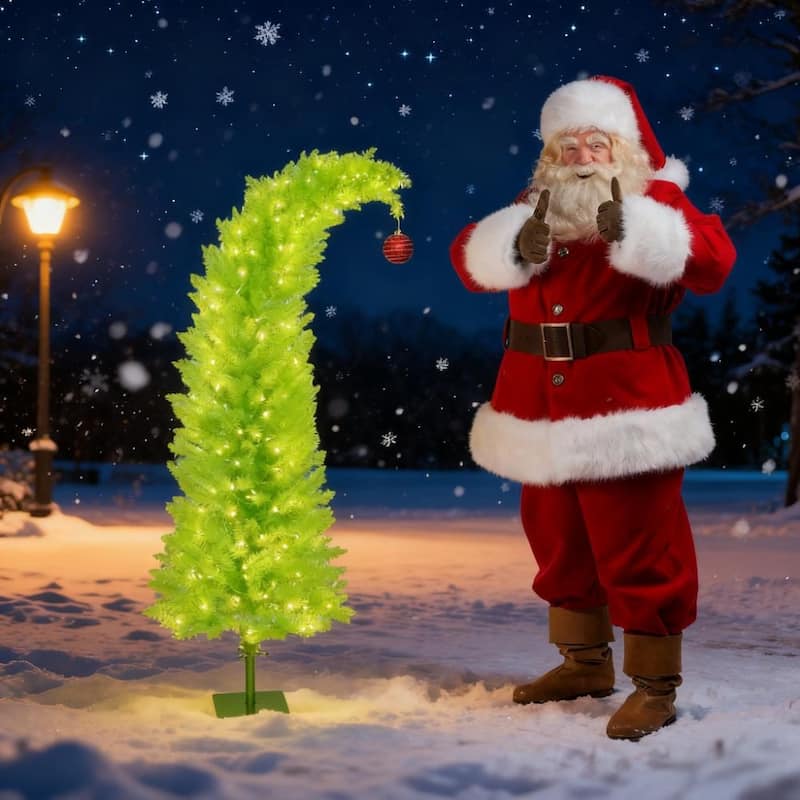 5 ft Christmas Tree with Red Ball, Metal Base - Green