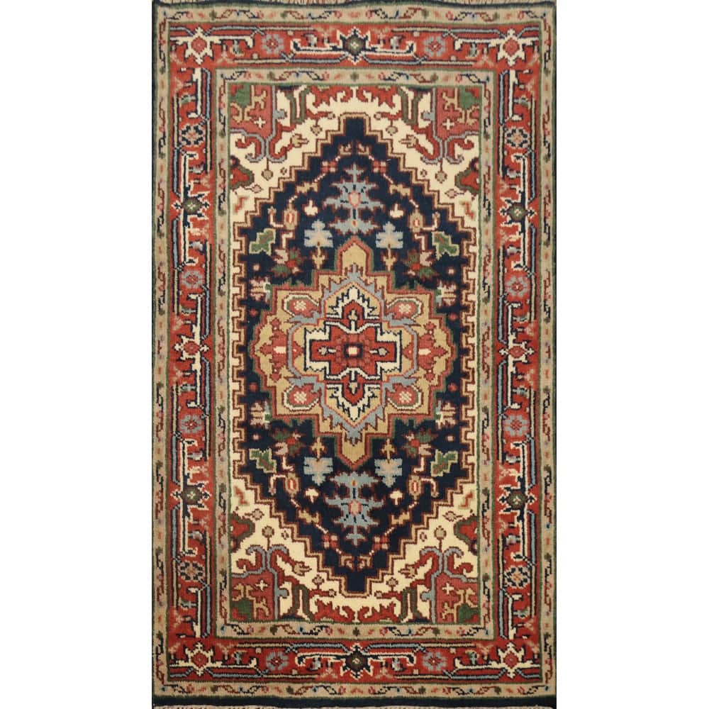 Hand Knotted Oriental 100% Wool Carpet Traditional Medallion Navy Blue & Blues Heriz (serapi) Area Rug - 5' 0'' X 3' 0''