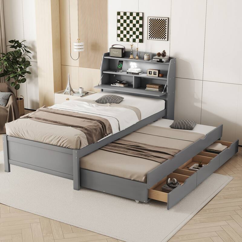 Wooden Platform Bed with Pull Out Trundle Bed and Drawers, All-in-One LED Headboard with Charging Station and Flip Up Storage - Gray - Twin