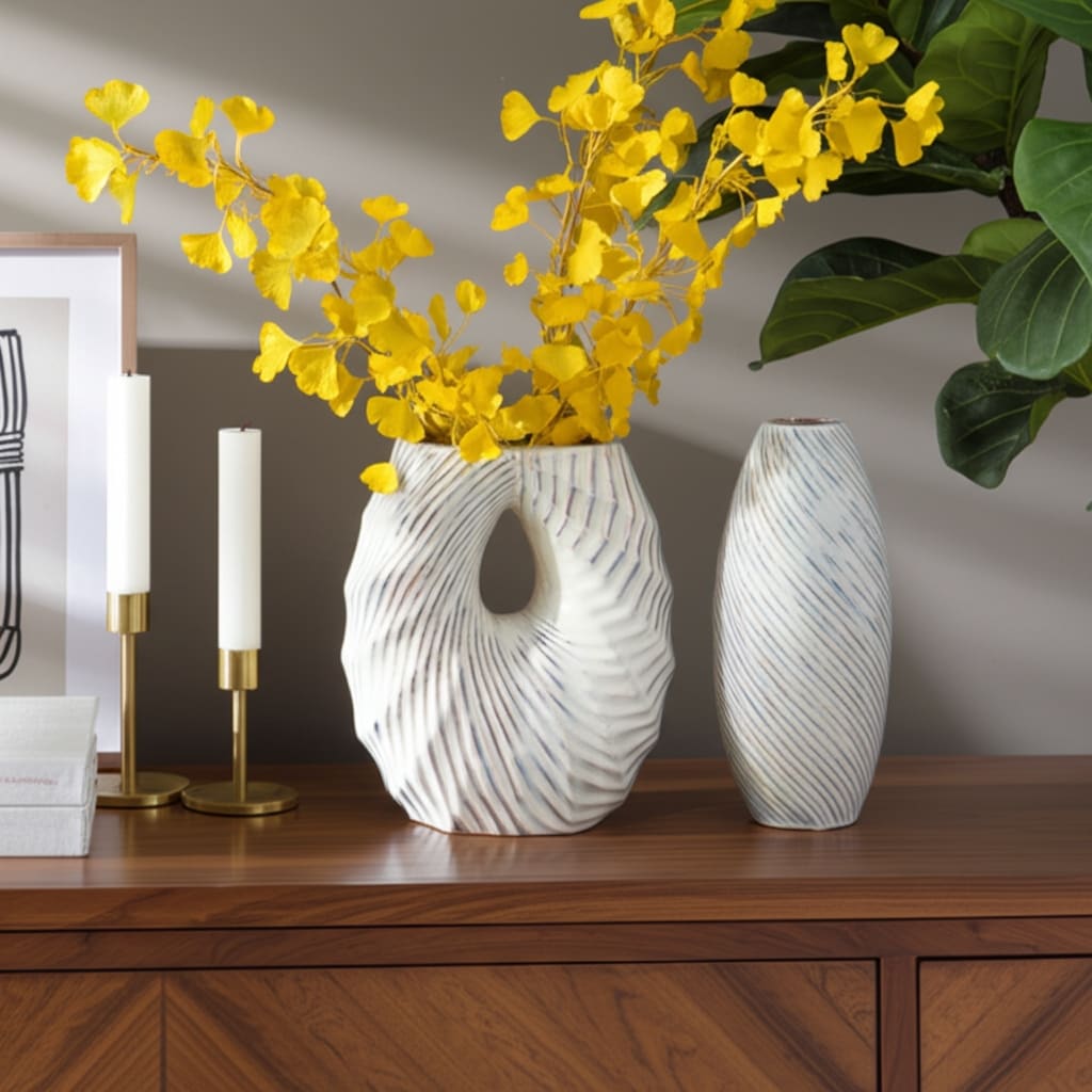 Ceramic Decorative Vase with Coastal Shell and Wavy Textured Design