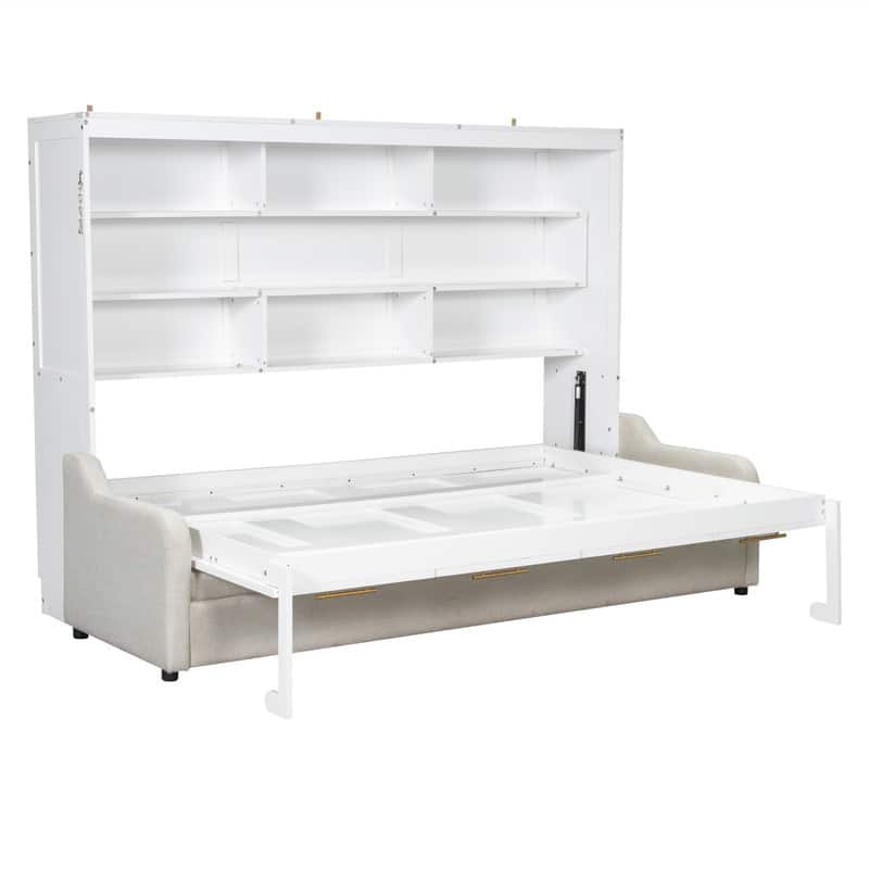 Full/Queen Size Murphy Wall Bed with LED Light and Folding Sofa, Space Saving Design Murphy Cbainet Bed wiht Storage Shelves
