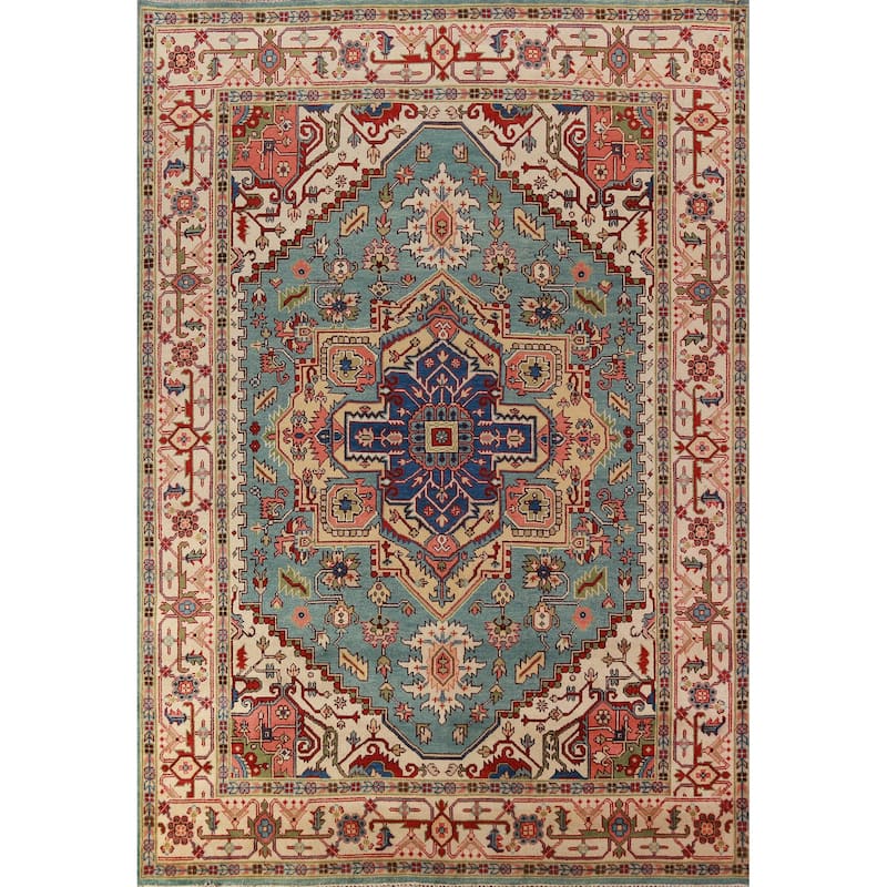 Light Blue Geometric Heriz Serapi Indian Area Rug Handmade Wool Carpet - 8'10"x 11'10"