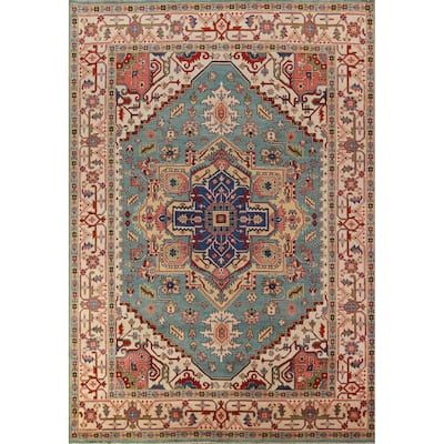 Light Blue Geometric Heriz Serapi Indian Area Rug Handmade Wool Carpet - 8'10"x 11'10"