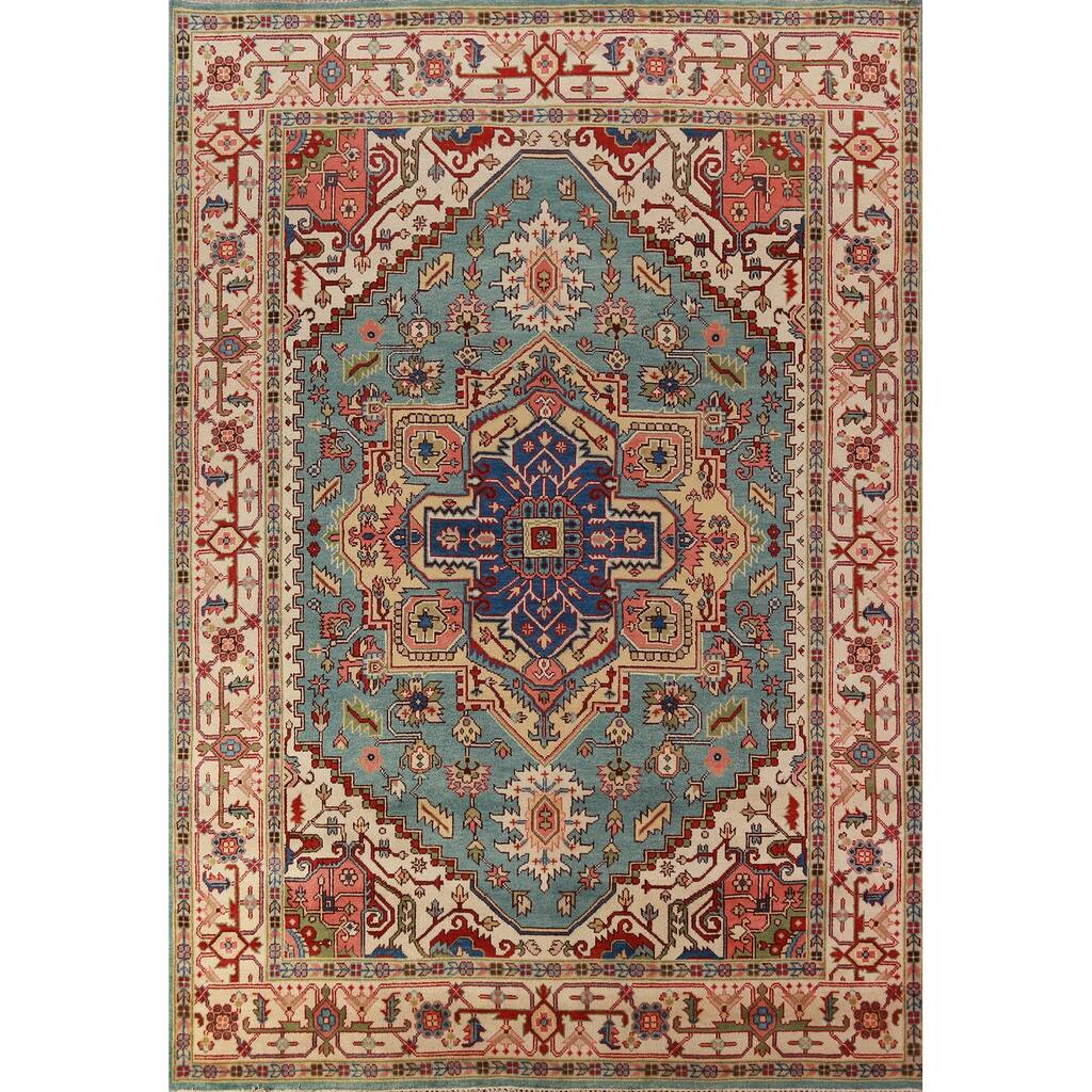 Light Blue Geometric Heriz Serapi Indian Area Rug Handmade Wool Carpet - 8'10"x 11'10"