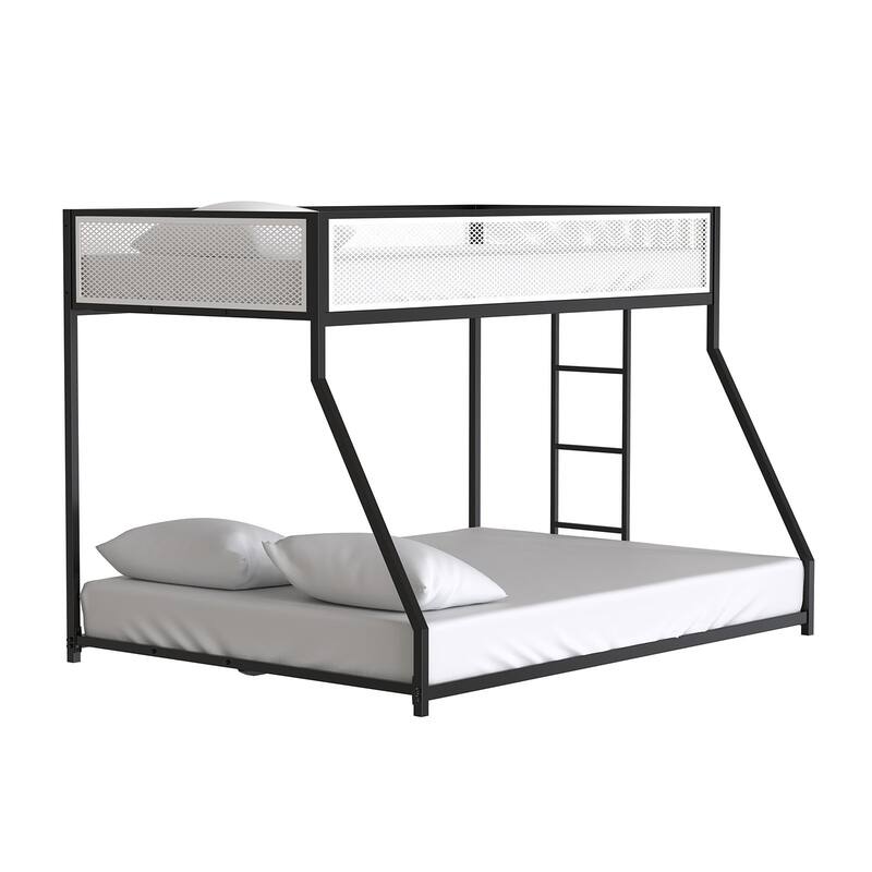 Contemporary Twin Over Full Metal Bunk Bed with Ladder, Black Finish, Mattress Ready