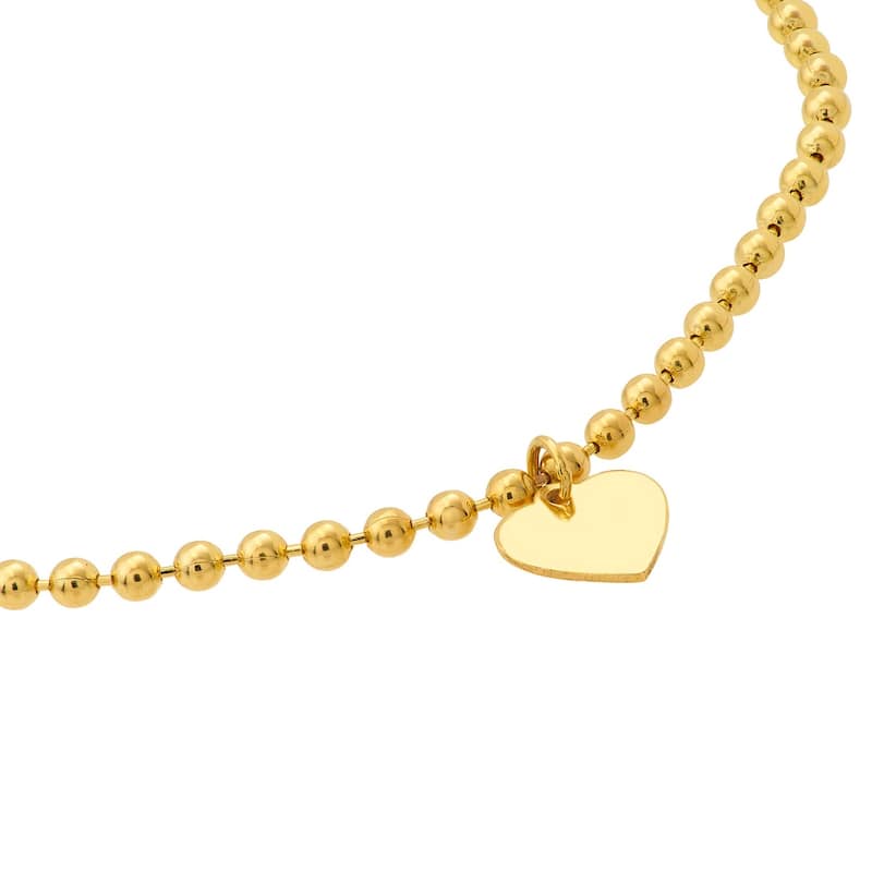 Curata 14k Yellow Gold 7.5" Dangling Heart 2mm Beaded Chain Bracelet
