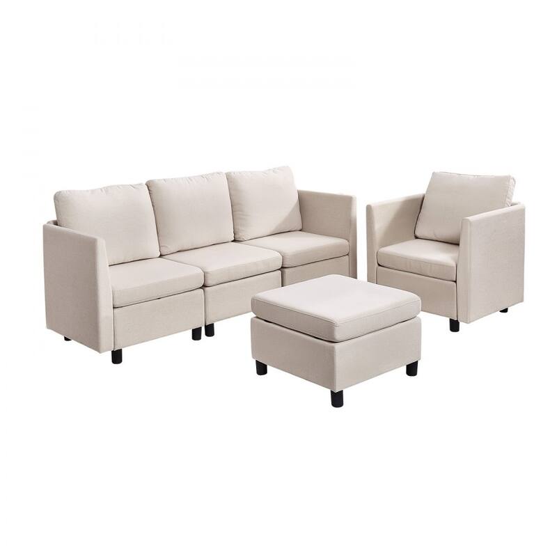 Beige Cotton-Linen Modular Sectional Sofa with Storage, Kid-Friendly Cushions and Wood Frame