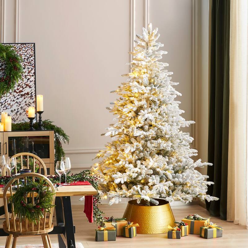 Glitzhome 7.5ft/9ft Pre-Lit Flocked Full Fir Artificial Christmas Trees with Foot Pedal