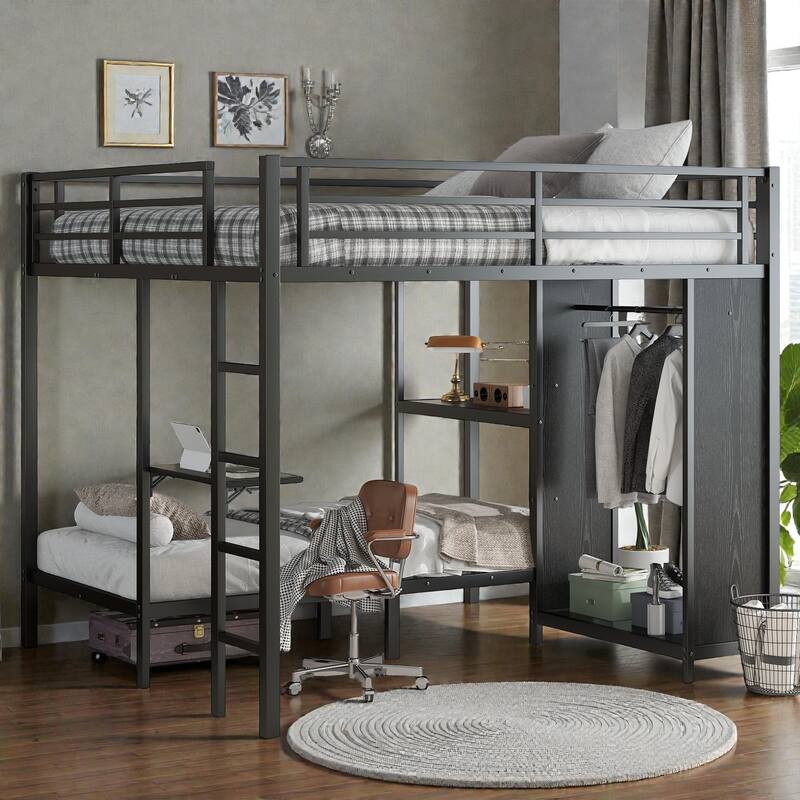 King Over Twin XL Metal Bunk Bed with Wardrobe and Desk, Space Saving Bunk Bed Frame for Small Rooms - Black - King
