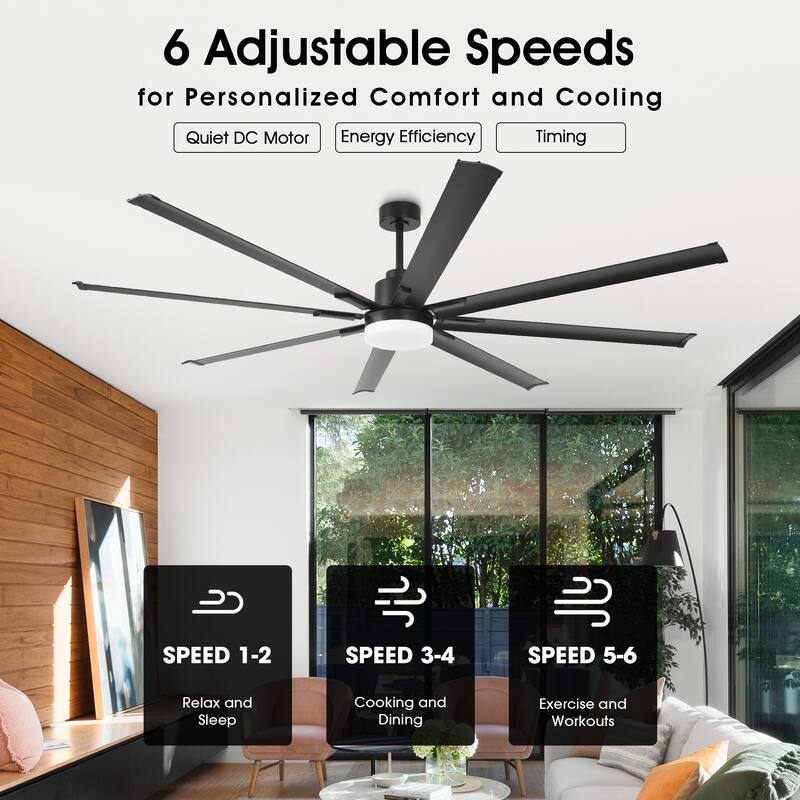 Vaczon 84" Industrial Black Aluminum Large Ceiling Fan with Light and Remote Control