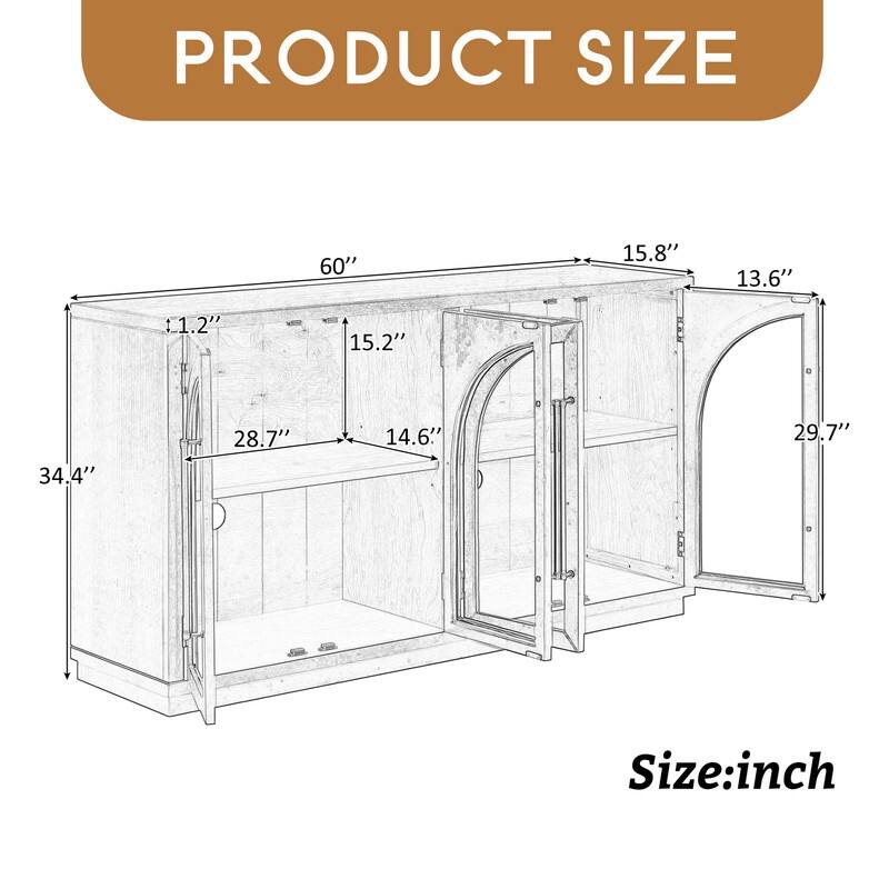 4-Door Large Storage Sideboard Buffet Cabinet with Glass Doors, Arched Cabinet with Adjustable Shelves for Kitchen