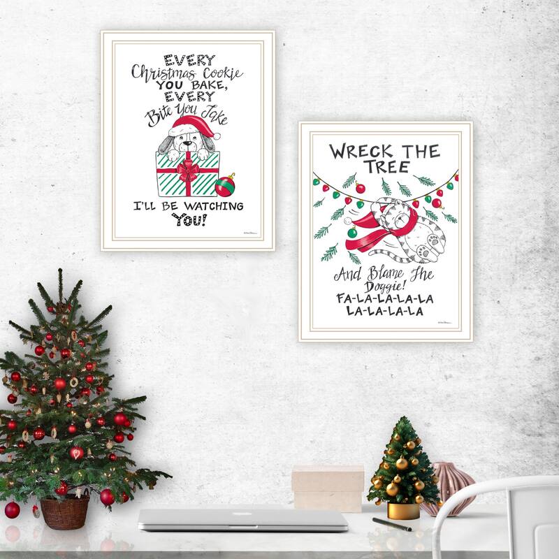 2-Piece Framed Wall Art Set - Cat & Dog Christmas Enjoyment, White Frame