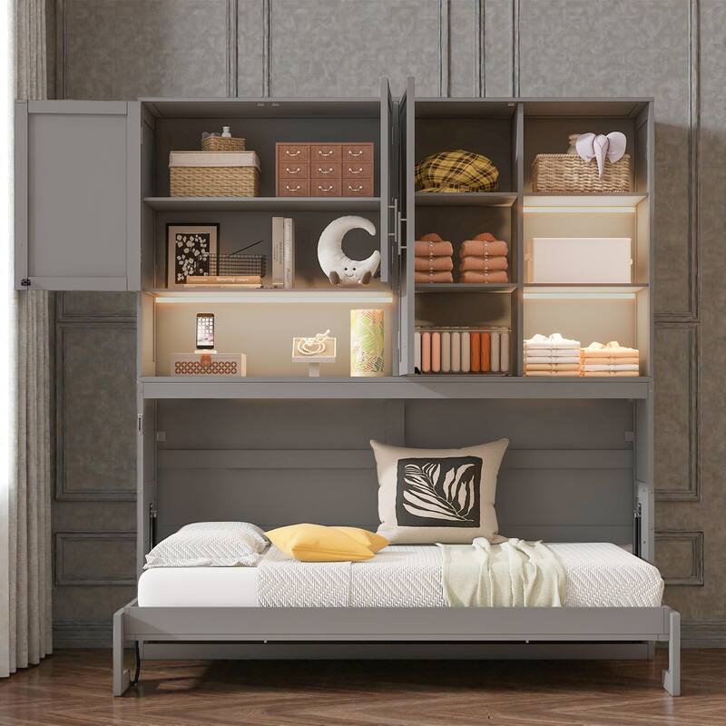 Twin Size Wall Murphy Bed with Top Cabinet, Shelves, Foldable Space-Saving Bed with Light & USB Charging Port