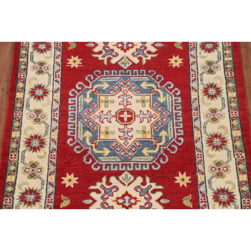 Red Geometric Kazak Foyer Rug Hand-Knotted Wool Carpet - 2'10" x 4'2"