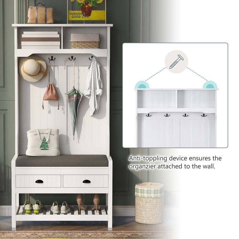 3-in-1 Design Hall Tree with 4 Hooks,Hinged Lid,Coat Hanger and Storage Bench