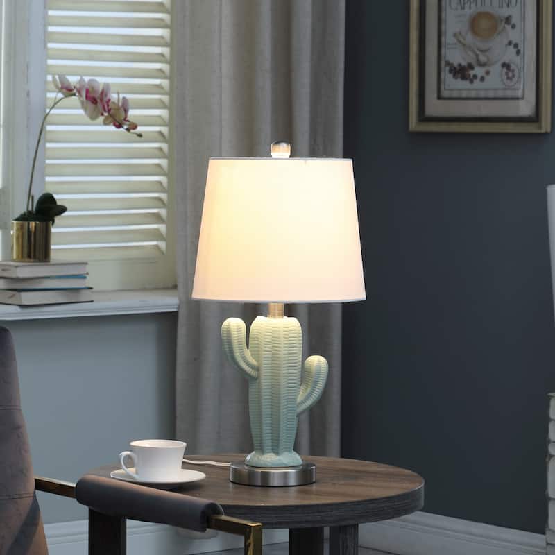 22 In. Southwest Teal Ceramic Cactus Metal Table Lamp