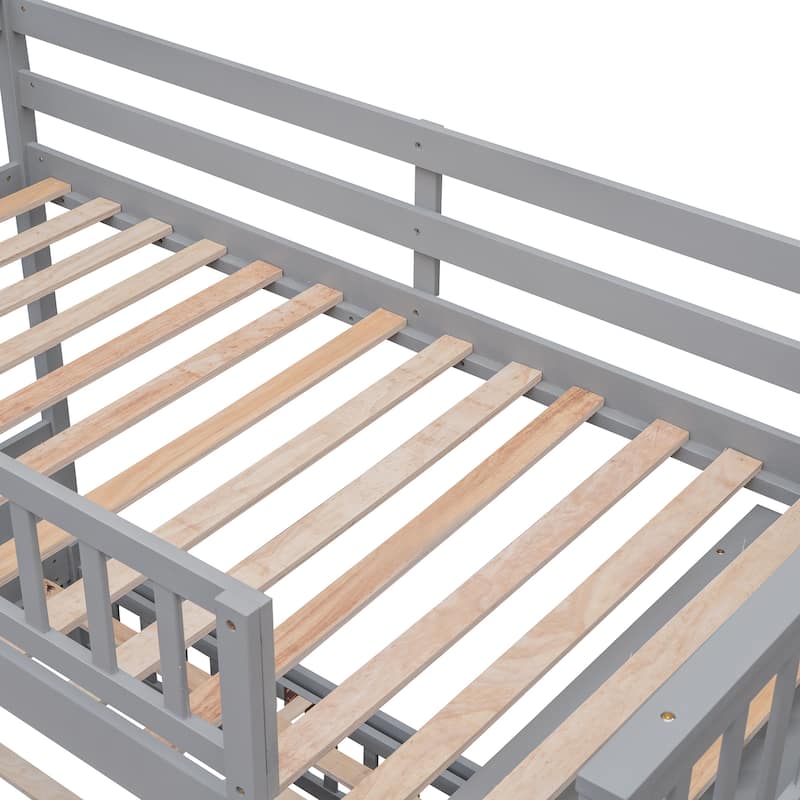 Twin Over Full Wooden Bunk Bed with Six Drawers And Flexible Shelves, Bottom Bed with Wheels-White