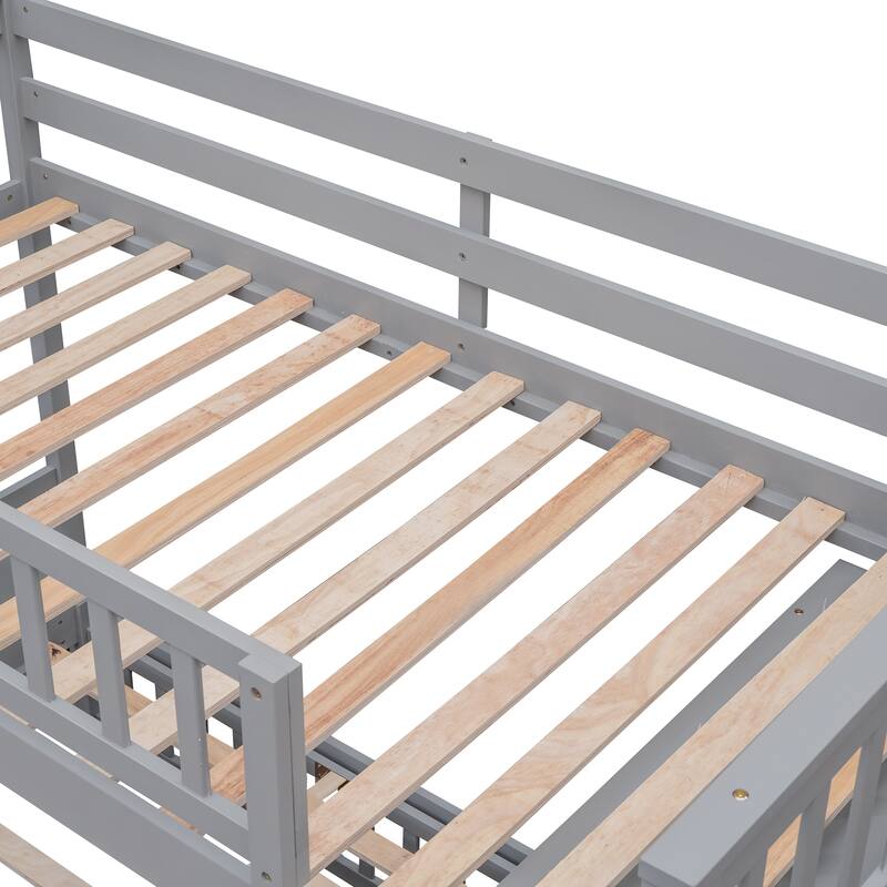 Wooden Twin Over Full Bunk Bed With Six Drawers And Flexible Shelves,Bottom Bed With Wheels
